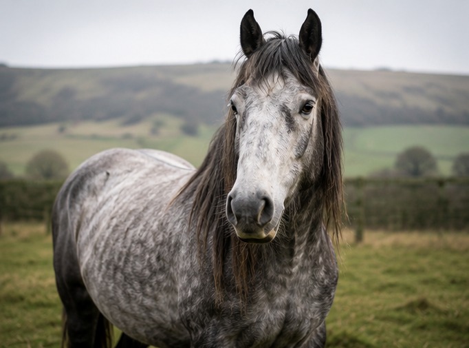 Grey Highland cross mare named Luna